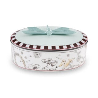 Ginori 1735 Fortunae Porcelain Oval Dragonfly Box, sculpted celadon dragonfly lid with illustrated base and striped border | Kneen & Co