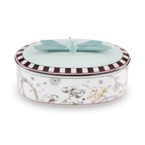Ginori 1735 Fortunae Porcelain Oval Dragonfly Box, sculpted celadon dragonfly lid with illustrated base and striped border | Kneen & Co
