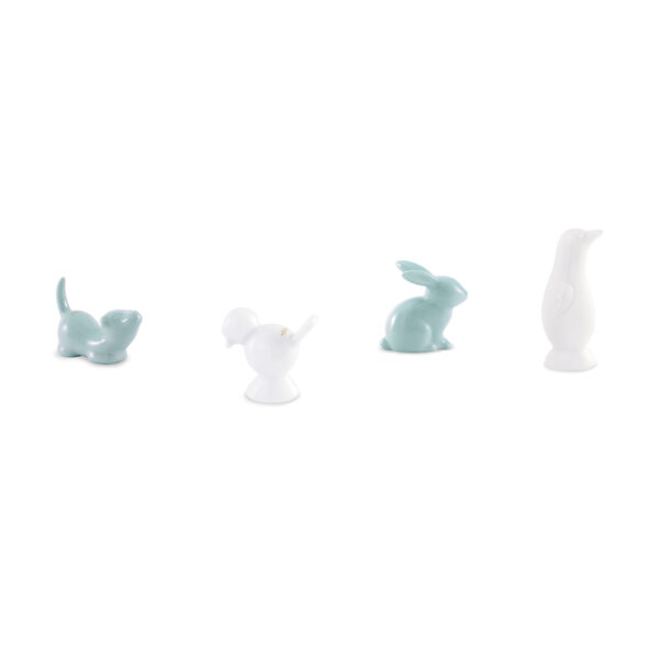 Ginori 1735 Fortunae Porcelain Animal Miniatures, Set of 4, dog, chick, rabbit, and penguin in white and celadon | Kneen & Co