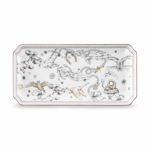 Ginori 1735 Fortunae Porcelain Large Rectangular Tray, goose in flight, horseshoe, and dragonfly illustration with rope border | Kneen & Co