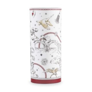 Ginori 1735 Fortunae Porcelain Cylindrical Vase, tall white vase with goose, ladder, and clouds illustration and deep red base | Kneen & Co