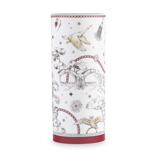 Ginori 1735 Fortunae Porcelain Cylindrical Vase, tall white vase with goose, ladder, and clouds illustration and deep red base | Kneen & Co