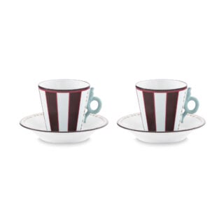 Ginori 1735 Fortunae Porcelain Espresso Set for Two, mocha striped cups with celadon handles and gold-bordered saucers | Kneen & Co