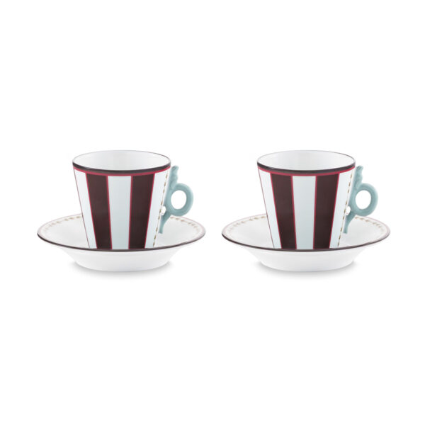 Ginori 1735 Fortunae Porcelain Espresso Set for Two, mocha striped cups with celadon handles and gold-bordered saucers | Kneen & Co