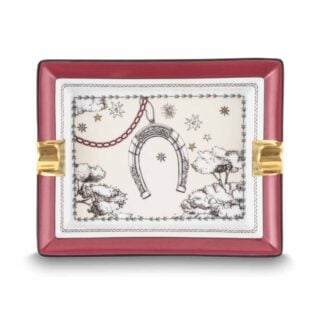 Ginori 1735 Fortunae Porcelain Rectangular Ashtray, horseshoe and stars illustration with deep red border and gilded rests | Kneen & Co