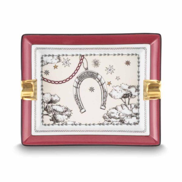 Ginori 1735 Fortunae Porcelain Rectangular Ashtray, horseshoe and stars illustration with deep red border and gilded rests | Kneen & Co
