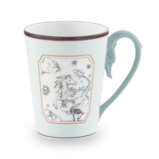 Ginori 1735 Fortunae Porcelain Mug - Light Blue, leaping horse motif with red rim and sculpted handle | Kneen & Co