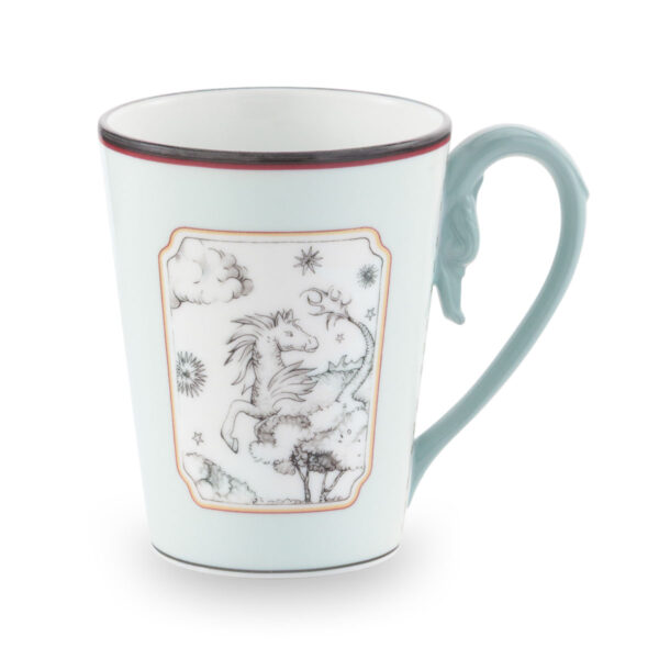 Ginori 1735 Fortunae Porcelain Mug - Light Blue, leaping horse motif with red rim and sculpted handle | Kneen & Co