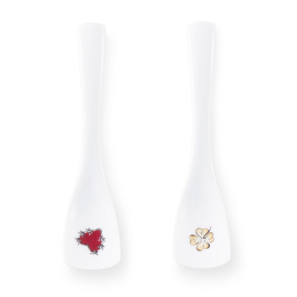 Ginori 1735 Fortunae Porcelain Spoons, Set of 2, white porcelain with red ladybird and gold four-leaf clover | Kneen & Co
