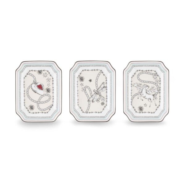 Ginori 1735 Fortunae Porcelain Small Catch-All Trays, Set of 3, heart locket, dragonfly, and winged horse illustrations on ivory | Kneen & Co