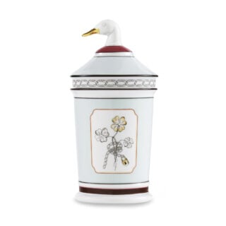 Ginori 1735 Fortunae Porcelain Jar with Goose Lid, celadon apothecary jar with four-leaf clover and sculpted goose with gilded beak | Kneen & Co