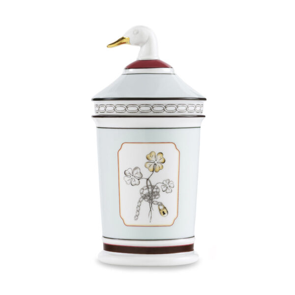 GINORI-Fortunae-020RG0-1-1200w-100KB Ginori 1735 Fortunae Porcelain Jar with Goose Lid, celadon apothecary jar with four-leaf clover and sculpted goose with gilded beak | Kneen & Co
