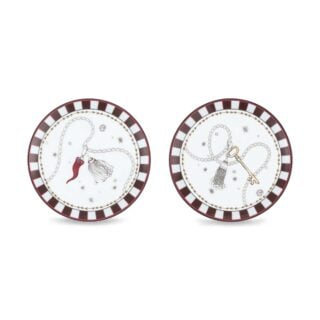 Ginori 1735 Fortunae Venezia Porcelain Mini Plates, Set of 2, gold key and red horn motifs with striped mocha rim | Kneen & Co