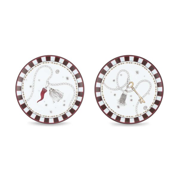 Ginori 1735 Fortunae Venezia Porcelain Mini Plates, Set of 2, gold key and red horn motifs with striped mocha rim | Kneen & Co