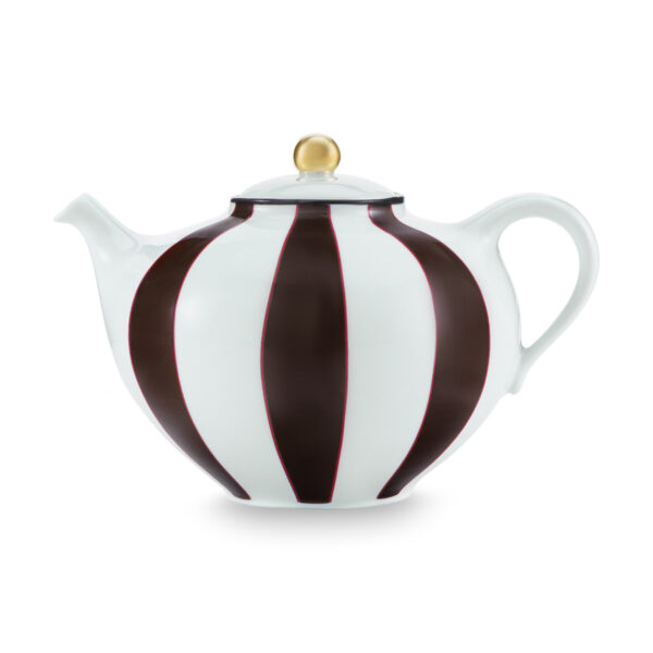 Ginori 1735 Fortunae Venezia Porcelain Teapot, white with mocha and red stripes and a gilded knob | Kneen & Co