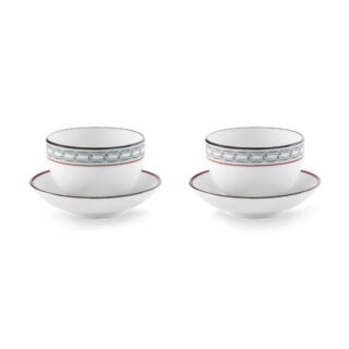 Ginori 1735 Fortunae Porcelain Japanese Tea Cups with Saucers, Set of 2, celadon chain border with gold padlock on saucer | Kneen & Co