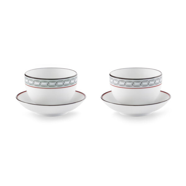Ginori 1735 Fortunae Porcelain Japanese Tea Cups with Saucers, Set of 2, celadon chain border with gold padlock on saucer | Kneen & Co