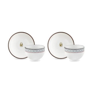 Ginori 1735 Fortunae Porcelain Espresso Set for Two, mocha striped cups with celadon handles and gold-bordered saucers | Kneen & Co