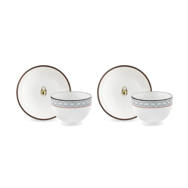 Ginori 1735 Fortunae Porcelain Espresso Set for Two, mocha striped cups with celadon handles and gold-bordered saucers | Kneen & Co