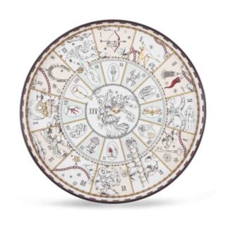 Ginori 1735 Fortunae Porcelain Round Tray, spiral Game of the Goose illustration with lucky symbols and striped mocha border | Kneen & Co
