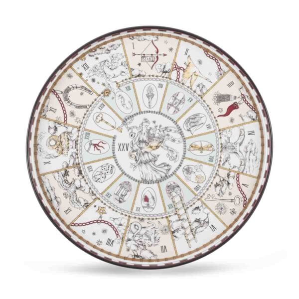 Ginori 1735 Fortunae Porcelain Round Tray, spiral Game of the Goose illustration with lucky symbols and striped mocha border | Kneen & Co