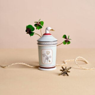 Ginori 1735 Fortunae Porcelain Jar with Goose Lid, celadon apothecary jar with four-leaf clover and sculpted goose with gilded beak | Kneen & Co