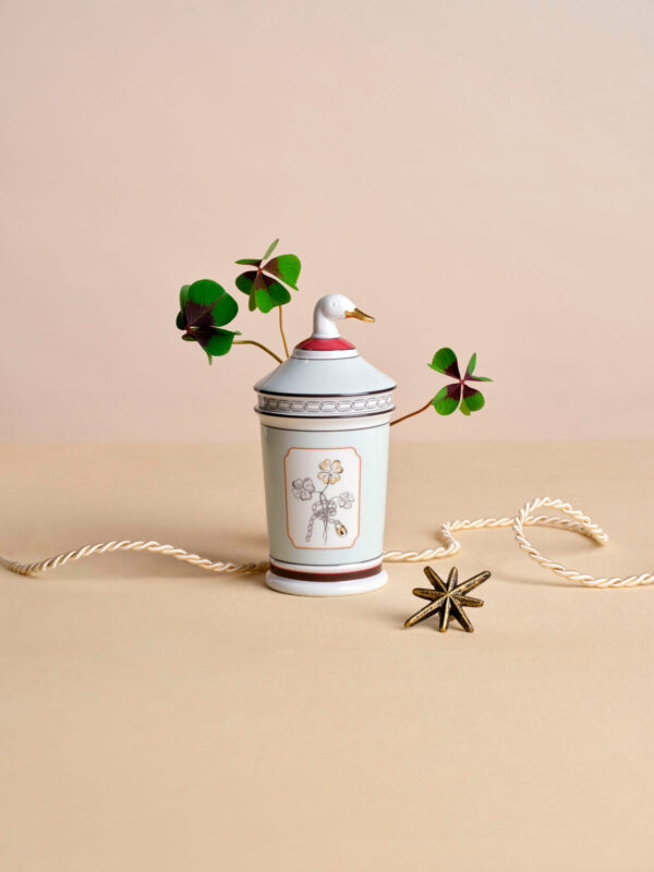 GINORI-Fortunae-MOOD-1-1200w-100KB Ginori 1735 Fortunae Porcelain Jar with Goose Lid, celadon apothecary jar with four-leaf clover and sculpted goose with gilded beak | Kneen & Co