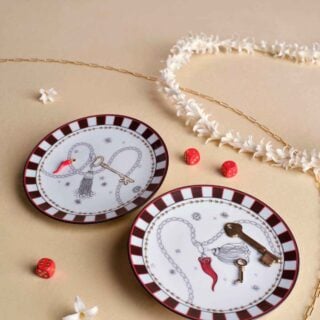 Ginori 1735 Fortunae Venezia Porcelain Mini Plates, Set of 2, gold key and red horn motifs with striped mocha rim | Kneen & Co