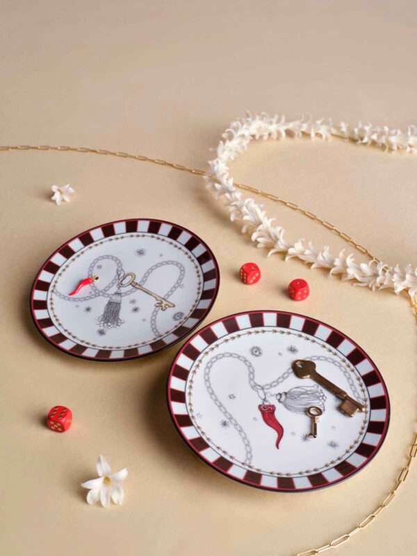 Ginori 1735 Fortunae Venezia Porcelain Mini Plates, Set of 2, gold key and red horn motifs with striped mocha rim | Kneen & Co