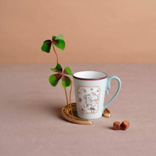 Ginori 1735 Fortunae Porcelain Mug - Light Blue, leaping horse motif with red rim and sculpted handle | Kneen & Co