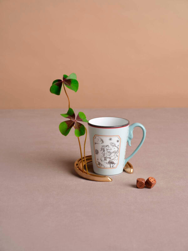 Ginori 1735 Fortunae Porcelain Mug - Light Blue, leaping horse motif with red rim and sculpted handle | Kneen & Co