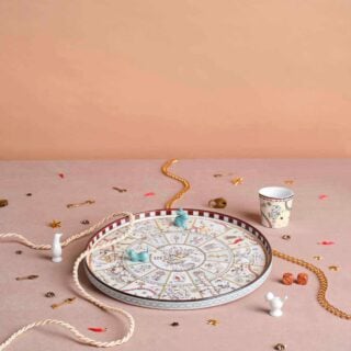 Ginori 1735 Fortunae Porcelain Round Tray, spiral Game of the Goose illustration with lucky symbols and striped mocha border | Kneen & Co