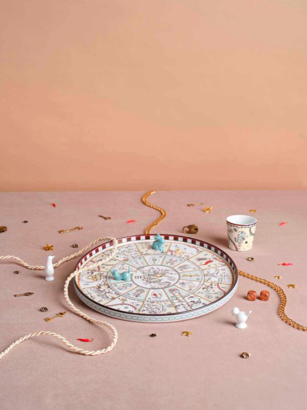 Ginori 1735 Fortunae Porcelain Round Tray, spiral Game of the Goose illustration with lucky symbols and striped mocha border | Kneen & Co